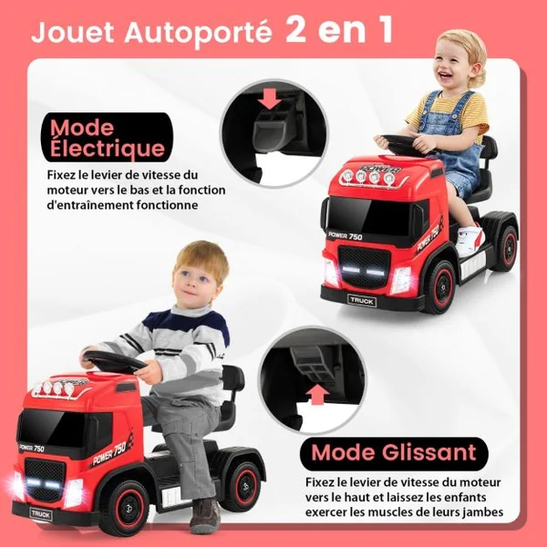 Camion Électrique pour Enfants Siège Réglable en Hauteur Lumières Led Musique et Son de Klaxon avec Mode Électrique Ou Roue Libre Rose