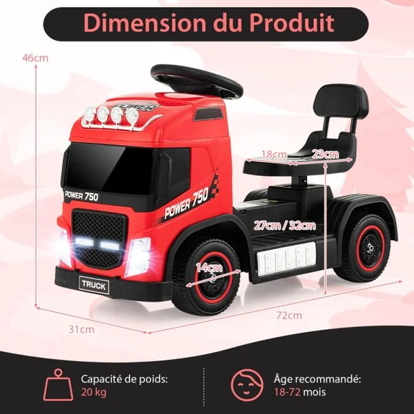 Camion Électrique pour Enfants Siège Réglable en Hauteur Lumières Led Musique et Son de Klaxon avec Mode Électrique Ou Roue Libre Rose