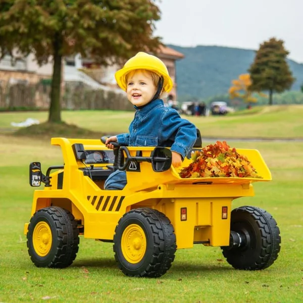 Camion-Benne Électrique sous Licence Caterpillar pour Enfants 12V avec Benne Basculante et Mégaphone Fonctionnel Télécommande Jaune