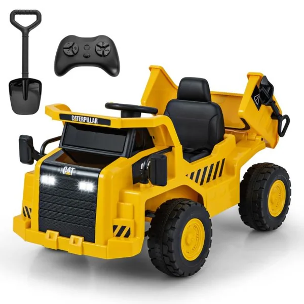 Camion-Benne Électrique sous Licence Caterpillar pour Enfants 12V avec Benne Basculante et Mégaphone Fonctionnel Télécommande Jaune