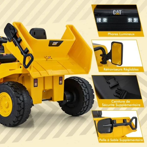 Camion-Benne Électrique sous Licence Caterpillar pour Enfants 12V avec Benne Basculante et Mégaphone Fonctionnel Télécommande Jaune