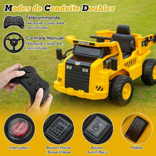 Camion-Benne Électrique sous Licence Caterpillar pour Enfants 12V avec Benne Basculante et Mégaphone Fonctionnel Télécommande Jaune