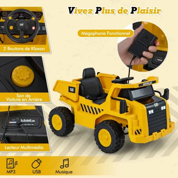 Camion-Benne Électrique sous Licence Caterpillar pour Enfants 12V avec Benne Basculante et Mégaphone Fonctionnel Télécommande Jaune