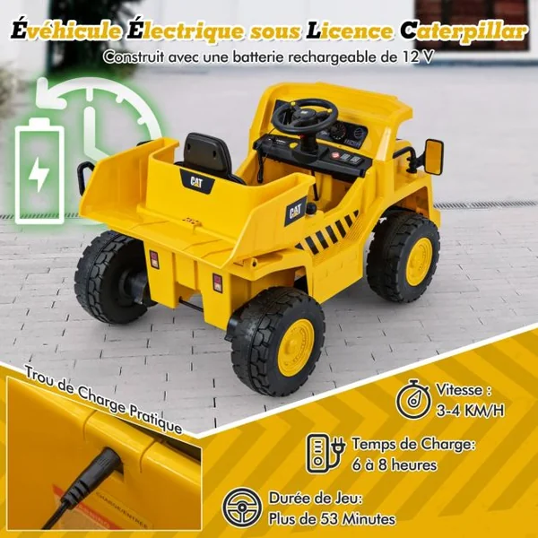 Camion-Benne Électrique sous Licence Caterpillar pour Enfants 12V avec Benne Basculante et Mégaphone Fonctionnel Télécommande Jaune