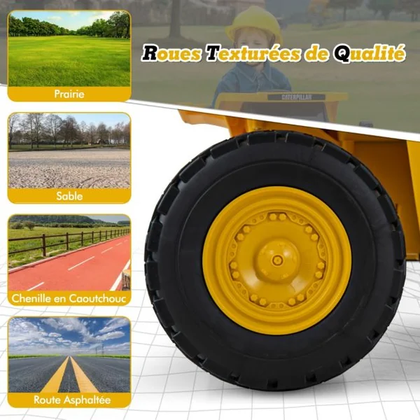 Camion-Benne Électrique sous Licence Caterpillar pour Enfants 12V avec Benne Basculante et Mégaphone Fonctionnel Télécommande Jaune