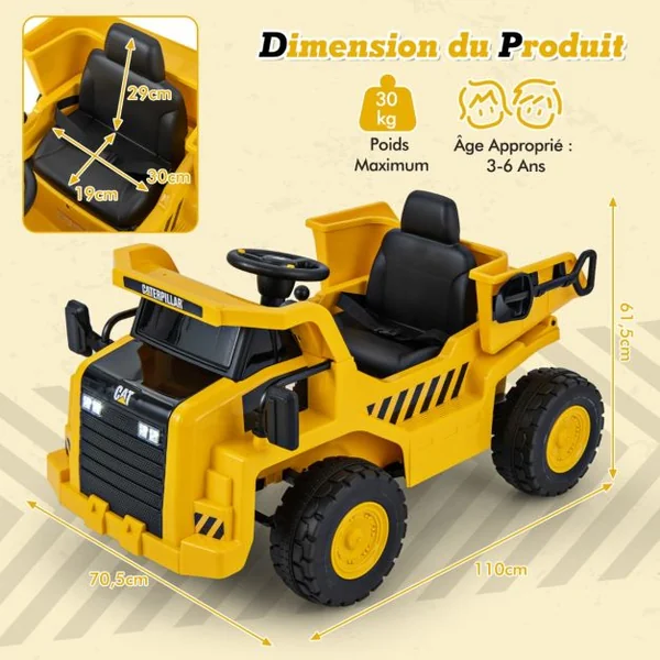 Camion-Benne Électrique sous Licence Caterpillar pour Enfants 12V avec Benne Basculante et Mégaphone Fonctionnel Télécommande Jaune