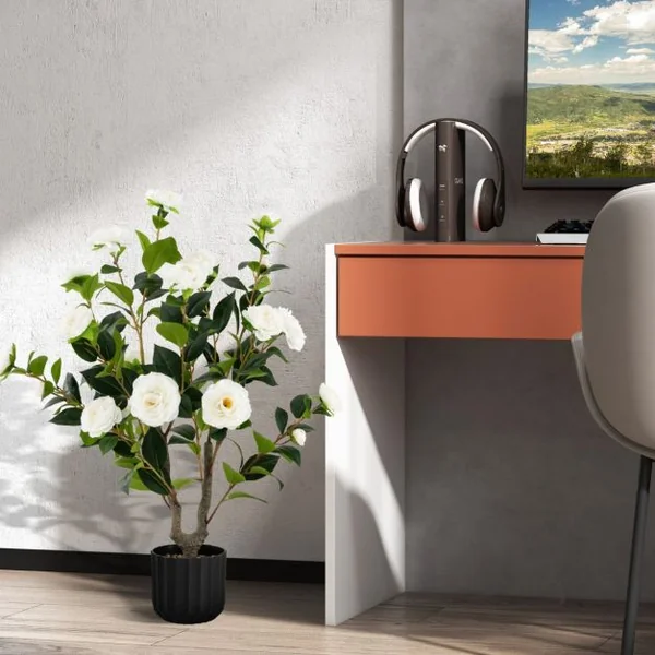 Camélia Artificiel de 95 Cm Plante Artificielle à 24 Fleurs Dans un Pot en Ciment Fausse Plante Florale Cadeau de Crémaillère Blanc