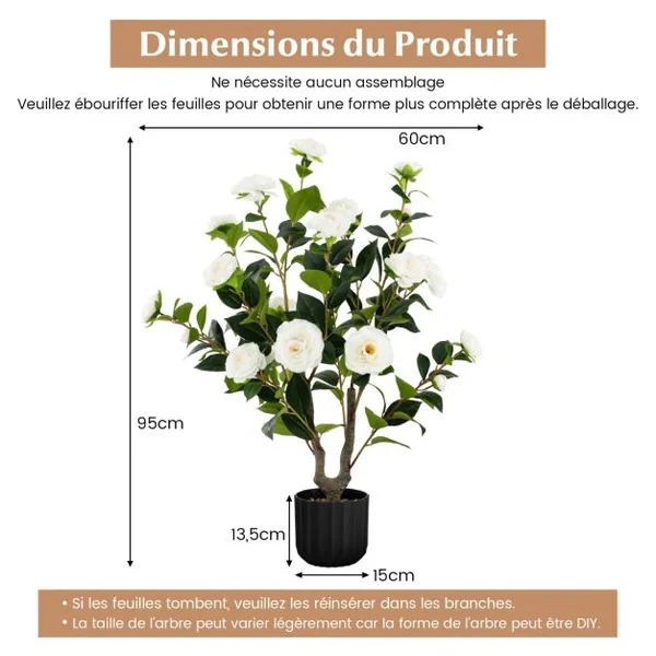 Camélia Artificiel de 95 Cm Plante Artificielle à 24 Fleurs Dans un Pot en Ciment Fausse Plante Florale Cadeau de Crémaillère Blanc