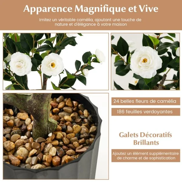 Camélia Artificiel de 95 Cm Plante Artificielle à 24 Fleurs Dans un Pot en Ciment Fausse Plante Florale Cadeau de Crémaillère Blanc