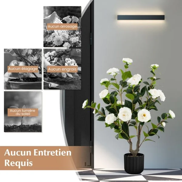 Camélia Artificiel de 95 Cm Plante Artificielle à 24 Fleurs Dans un Pot en Ciment Fausse Plante Florale Cadeau de Crémaillère Blanc