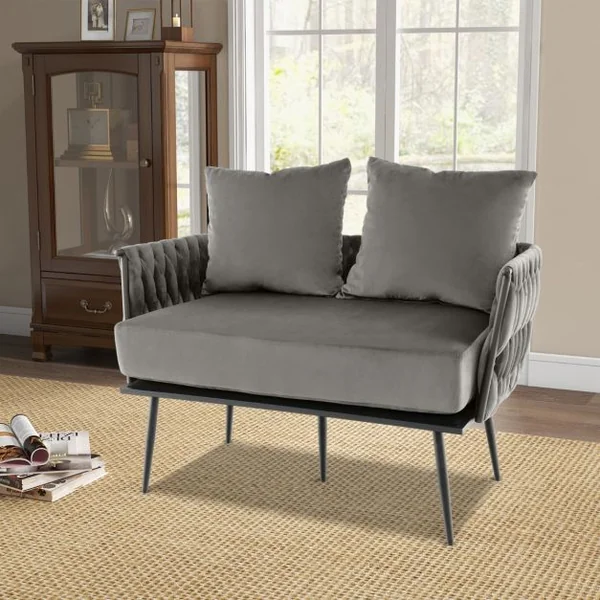 Canapé 2 Places Moderne en Velours Hollandais Rembourré Dossier et Accoudoirs Tissés Coussin de Siège amovible 5 Pieds en Métal Gris