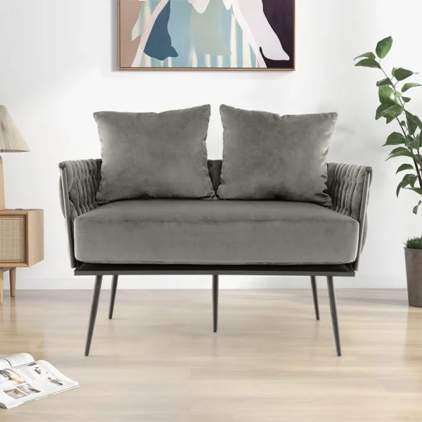 Canapé 2 Places Moderne en Velours Hollandais Rembourré Dossier et Accoudoirs Tissés Coussin de Siège amovible 5 Pieds en Métal Gris
