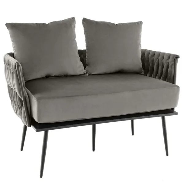 Canapé 2 Places Moderne en Velours Hollandais Rembourré Dossier et Accoudoirs Tissés Coussin de Siège amovible 5 Pieds en Métal Gris