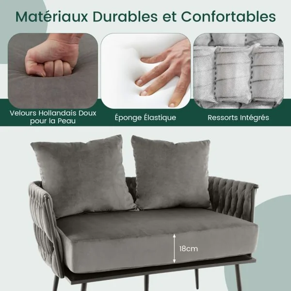 Canapé 2 Places Moderne en Velours Hollandais Rembourré Dossier et Accoudoirs Tissés Coussin de Siège amovible 5 Pieds en Métal Gris