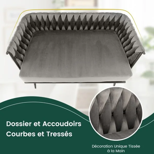 Canapé 2 Places Moderne en Velours Hollandais Rembourré Dossier et Accoudoirs Tissés Coussin de Siège amovible 5 Pieds en Métal Gris