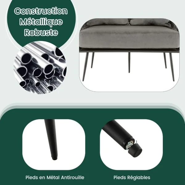 Canapé 2 Places Moderne en Velours Hollandais Rembourré Dossier et Accoudoirs Tissés Coussin de Siège amovible 5 Pieds en Métal Gris