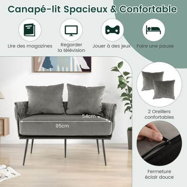 Canapé 2 Places Moderne en Velours Hollandais Rembourré Dossier et Accoudoirs Tissés Coussin de Siège amovible 5 Pieds en Métal Gris