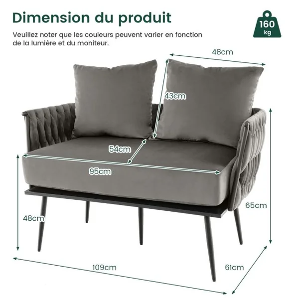 Canapé 2 Places Moderne en Velours Hollandais Rembourré Dossier et Accoudoirs Tissés Coussin de Siège amovible 5 Pieds en Métal Gris