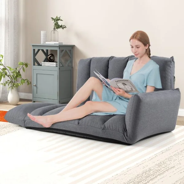 Canapé au Sol Pliable et Inclinable Siège Rembourré avec Dossier et Accoudoirs Réglables à 5 Positions Canapé Convertible Gris
