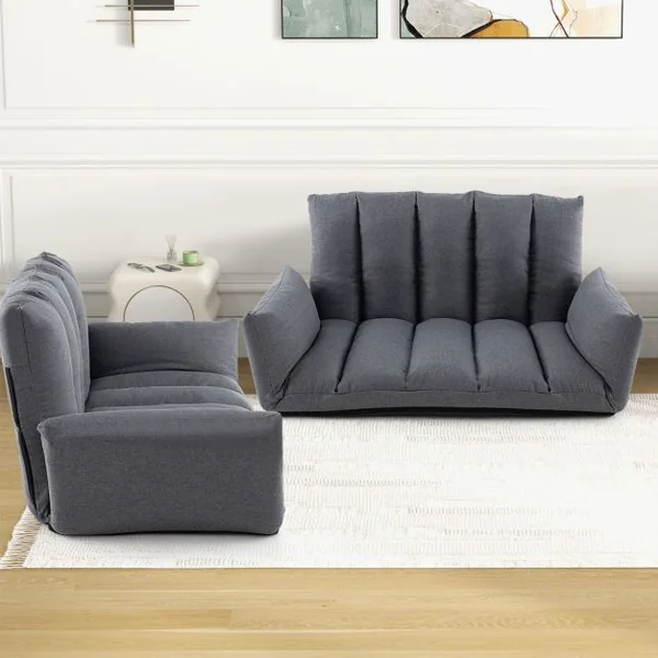 Canapé au Sol Pliable et Inclinable Siège Rembourré avec Dossier et Accoudoirs Réglables à 5 Positions Canapé Convertible Gris