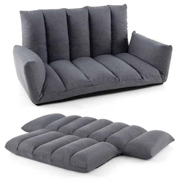 Canapé au Sol Pliable et Inclinable Siège Rembourré avec Dossier et Accoudoirs Réglables à 5 Positions Canapé Convertible Gris