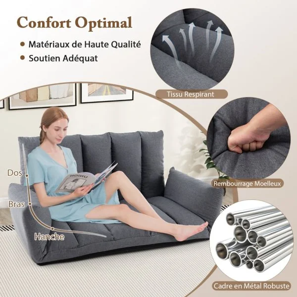 Canapé au Sol Pliable et Inclinable Siège Rembourré avec Dossier et Accoudoirs Réglables à 5 Positions Canapé Convertible Gris