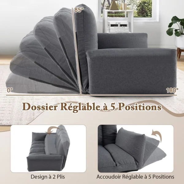Canapé au Sol Pliable et Inclinable Siège Rembourré avec Dossier et Accoudoirs Réglables à 5 Positions Canapé Convertible Gris