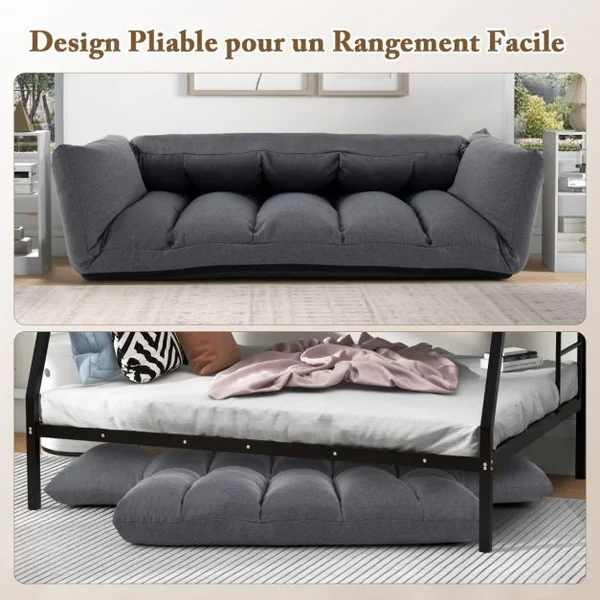 Canapé au Sol Pliable et Inclinable Siège Rembourré avec Dossier et Accoudoirs Réglables à 5 Positions Canapé Convertible Gris