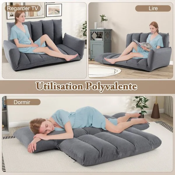 Canapé au Sol Pliable et Inclinable Siège Rembourré avec Dossier et Accoudoirs Réglables à 5 Positions Canapé Convertible Gris