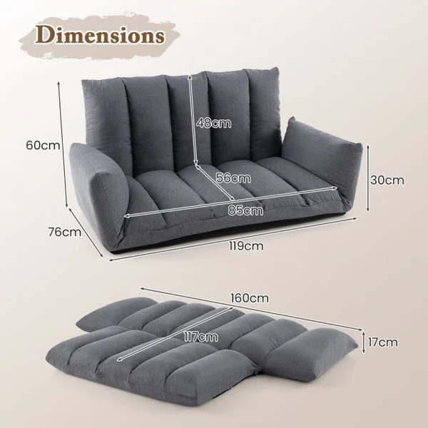 Canapé au Sol Pliable et Inclinable Siège Rembourré avec Dossier et Accoudoirs Réglables à 5 Positions Canapé Convertible Gris