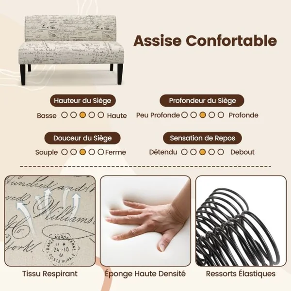 Canapé Causeuse Sans Accoudoirs en Tissu Moderne Support de Coussin à Ressorts Pieds en Bois Massif Canapé 2 Places pour Salon Beige