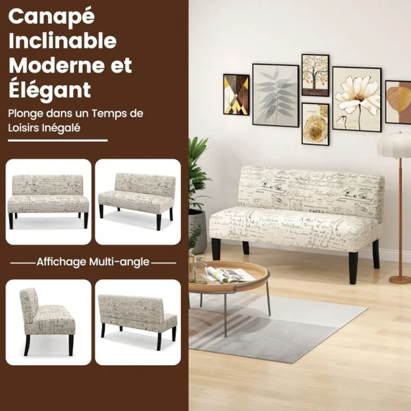 Canapé Causeuse Sans Accoudoirs en Tissu Moderne Support de Coussin à Ressorts Pieds en Bois Massif Canapé 2 Places pour Salon Beige