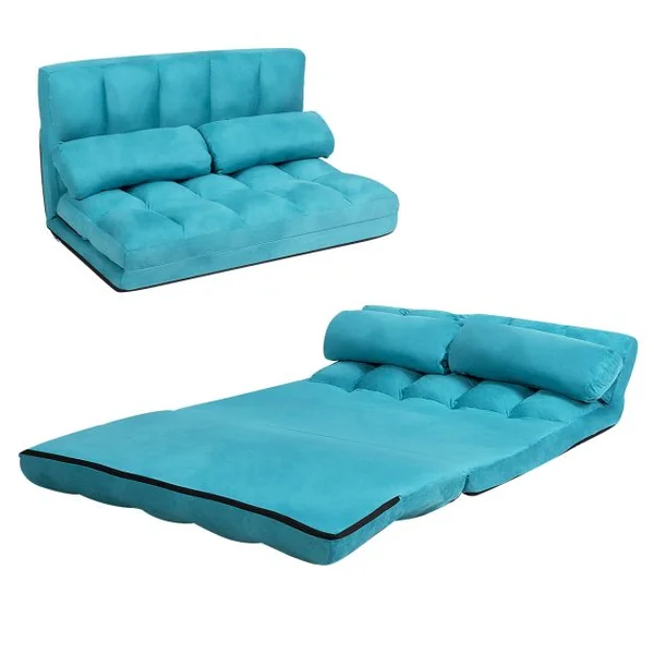 Canapé Convertible 2 Places 113 x 179 CM Dossier Réglable à 6 Positions Housse Détachable 2 Oreillers Bleu