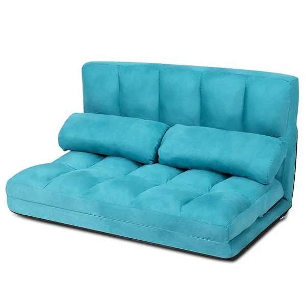Canapé Convertible 2 Places 113 x 179 CM Dossier Réglable à 6 Positions Housse Détachable 2 Oreillers Bleu
