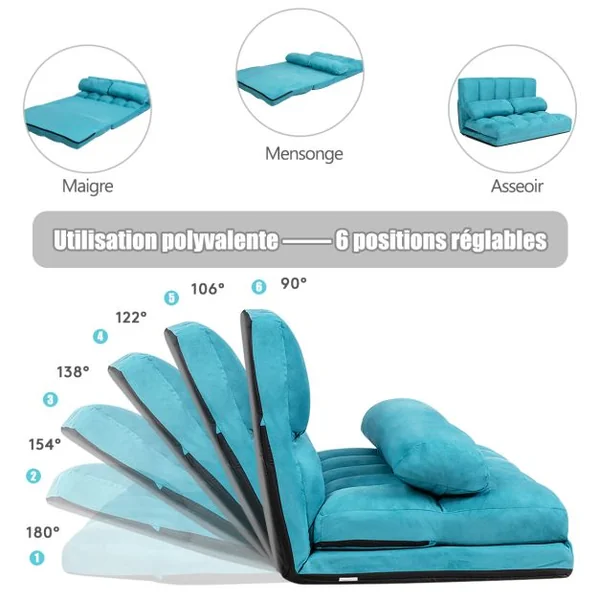 Canapé Convertible 2 Places 113 x 179 CM Dossier Réglable à 6 Positions Housse Détachable 2 Oreillers Bleu