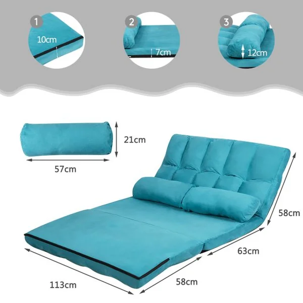 Canapé Convertible 2 Places 113 x 179 CM Dossier Réglable à 6 Positions Housse Détachable 2 Oreillers Bleu