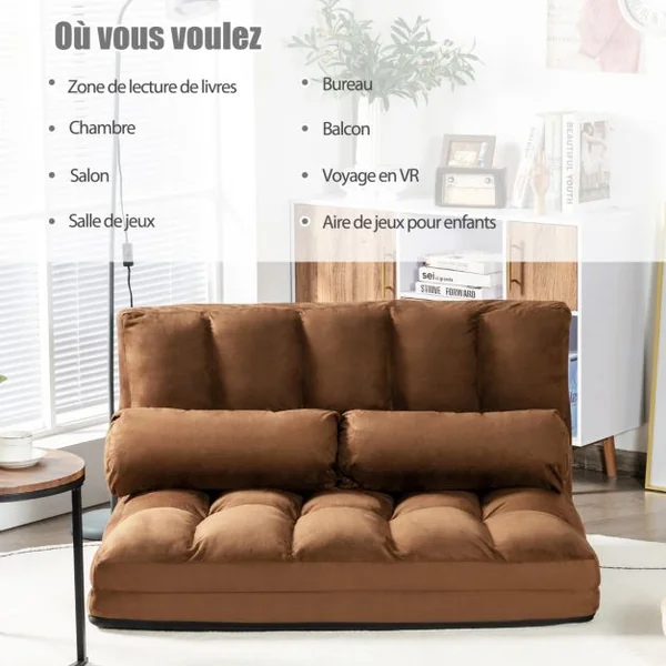 Canapé Convertible 2 Places 113 x 179 CM Dossier Réglable à 6 Positions Housse Détachable 2 Oreillers Café