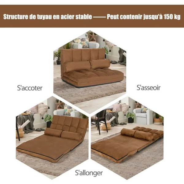 Canapé Convertible 2 Places 113 x 179 CM Dossier Réglable à 6 Positions Housse Détachable 2 Oreillers Café
