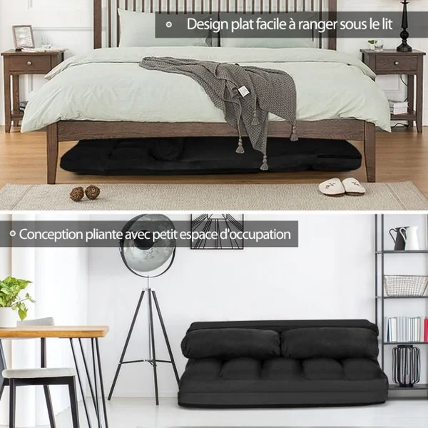 Canapé Convertible 2 Places 113 x 179 CM Dossier Réglable à 6 Positions Housse Détachable 2 Oreillers Noir
