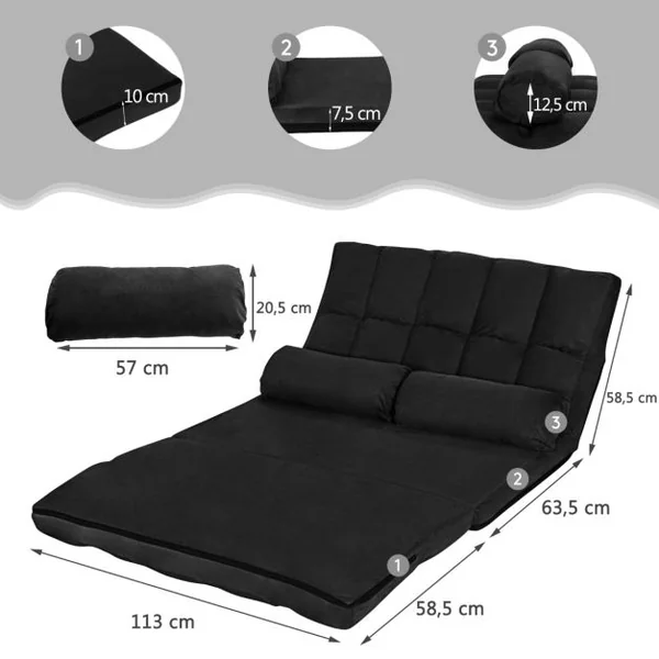 Canapé Convertible 2 Places 113 x 179 CM Dossier Réglable à 6 Positions Housse Détachable 2 Oreillers Noir