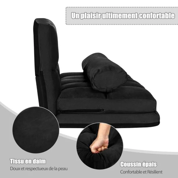Canapé Convertible 2 Places 113 x 179 CM Dossier Réglable à 6 Positions Housse Détachable 2 Oreillers Noir