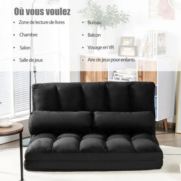 Canapé Convertible 2 Places 113 x 179 CM Dossier Réglable à 6 Positions Housse Détachable 2 Oreillers Noir
