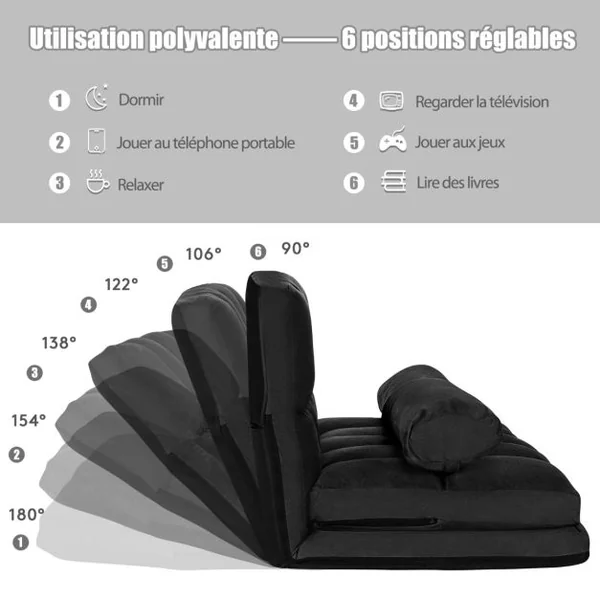 Canapé Convertible 2 Places 113 x 179 CM Dossier Réglable à 6 Positions Housse Détachable 2 Oreillers Noir