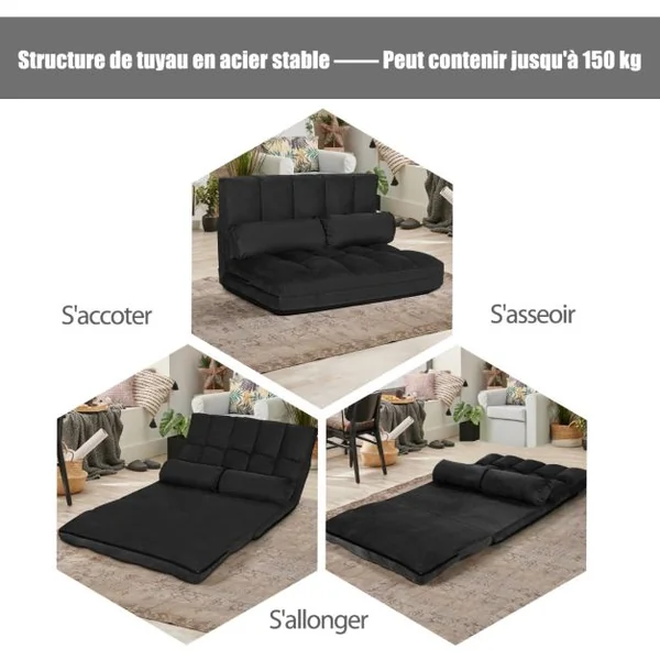 Canapé Convertible 2 Places 113 x 179 CM Dossier Réglable à 6 Positions Housse Détachable 2 Oreillers Noir