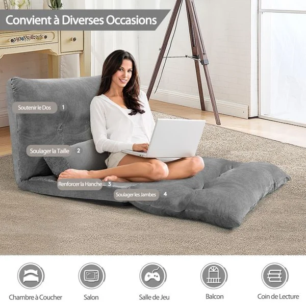 Canapé Convertible 2 Places Réglables à 6 Positions 90-180° avec 2 Oreillers en Velours Côtelé pour Salon Chambre Beige/Bleu/Café/Gris