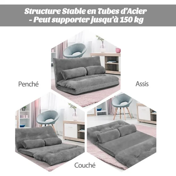Canapé Convertible 2 Places Réglables à 6 Positions 90-180° avec 2 Oreillers en Velours Côtelé pour Salon Chambre Beige/Bleu/Café/Gris