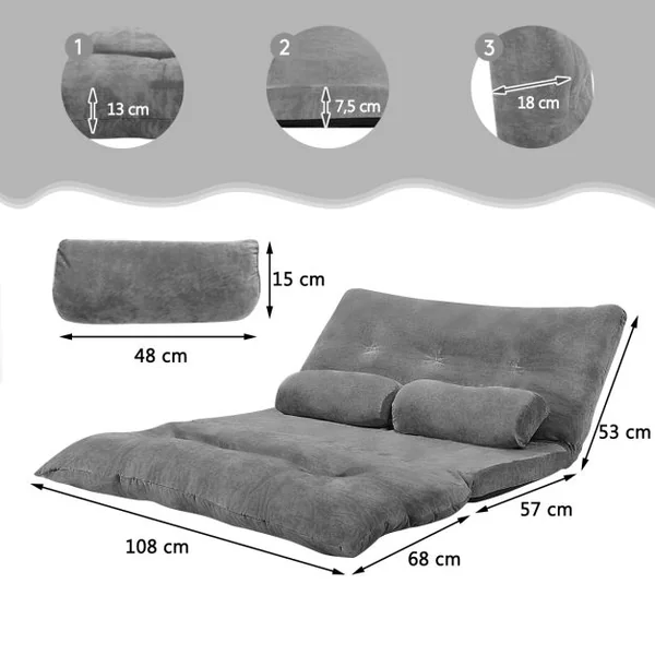 Canapé Convertible 2 Places Réglables à 6 Positions 90° - 180° avec 2 Oreillers en Velours Côtelé pour Salon Chambre Noir