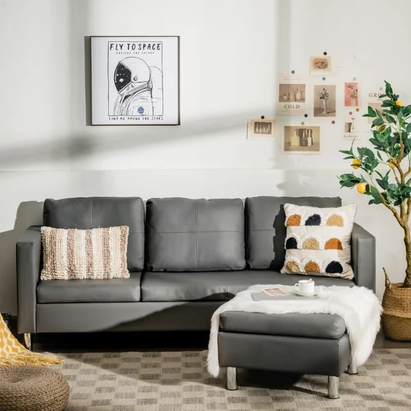 Canapé d'Angle 3 Places Convertible avec Méridienne Réversible en Cuir PU Gris 188x62x60CM pour Salon Appartement Séjour