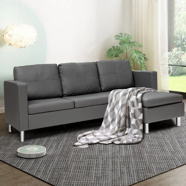 Canapé d'Angle 3 Places Convertible avec Méridienne Réversible en Cuir PU Gris 188x62x60CM pour Salon Appartement Séjour