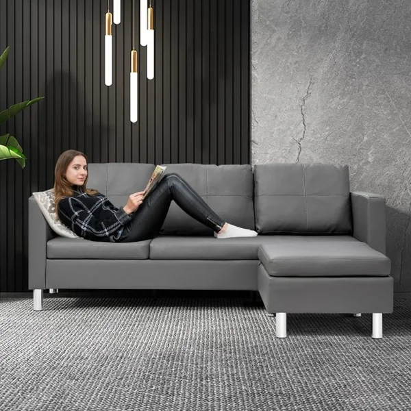 Canapé d'Angle 3 Places Convertible avec Méridienne Réversible en Cuir PU Gris 188x62x60CM pour Salon Appartement Séjour